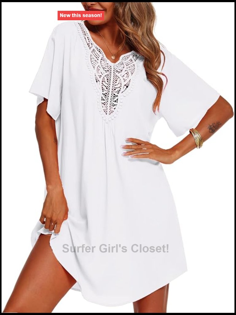 Women's Swim Cover Up Lace Crochet V Neck Short Sleeve Beach Dress